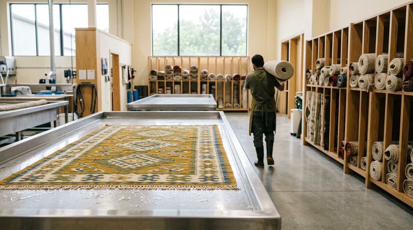 Hardal Halı Yıkama tesisinde yeni yıkanmış kilim ve rulo halılar